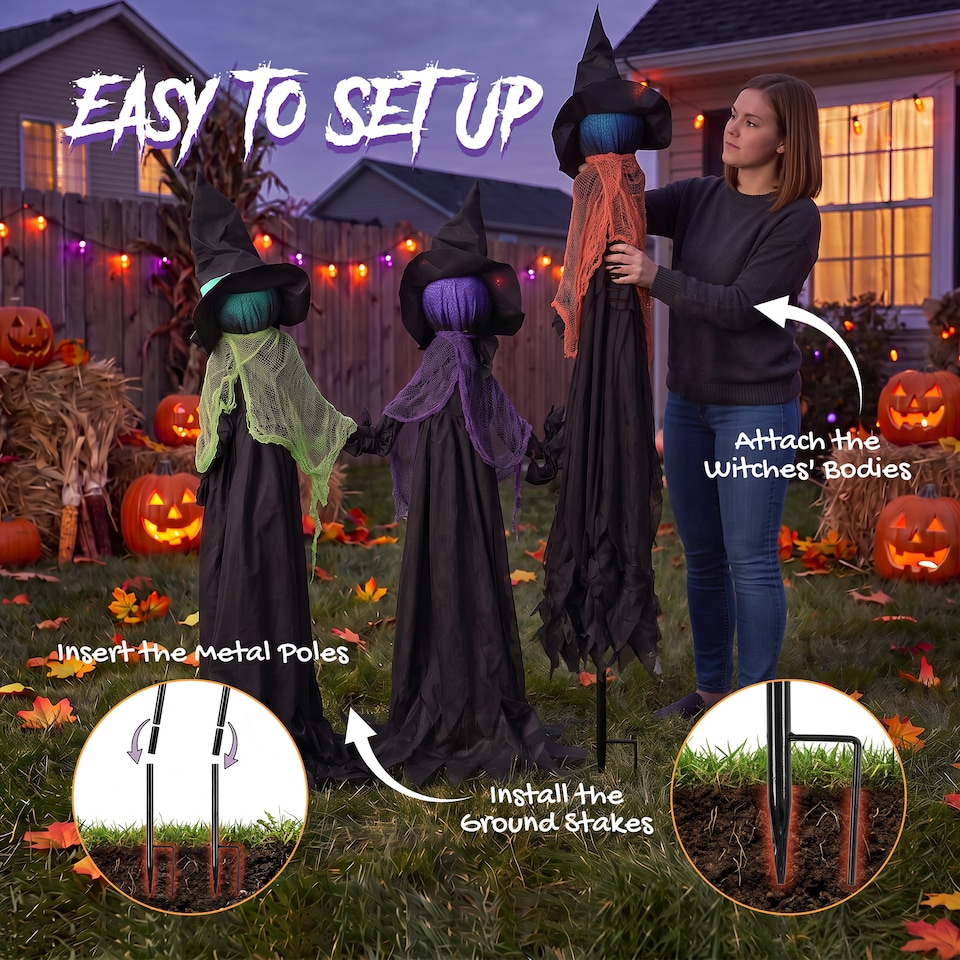 image 1 of HOMCOM 48" Witches Holding Hands Halloween Decoration Light Up Animated Prop