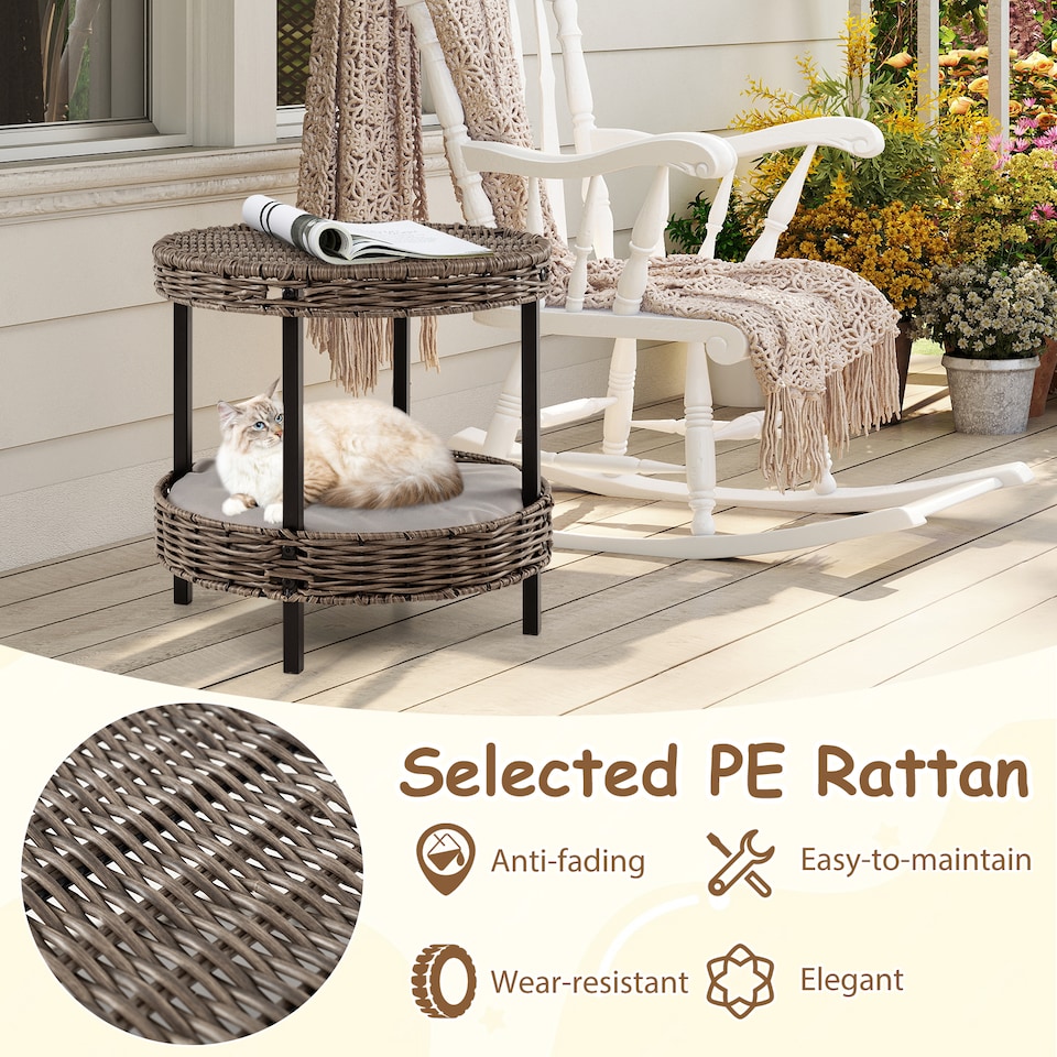 image 1 of COSTWAY 2-tier Rattan Cat Nest Wicker Kitten House Raised Kitty Bed-Grey