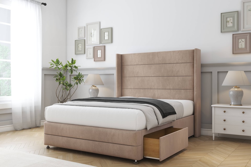 image 1 of Sloomy Sterling Mink Naples Divan Bed Base 2 Drawers Foot-End With 54 Inch Wingback Headboard & 12 Inch Matching Footboard | Brown | Mink | Double | 1
