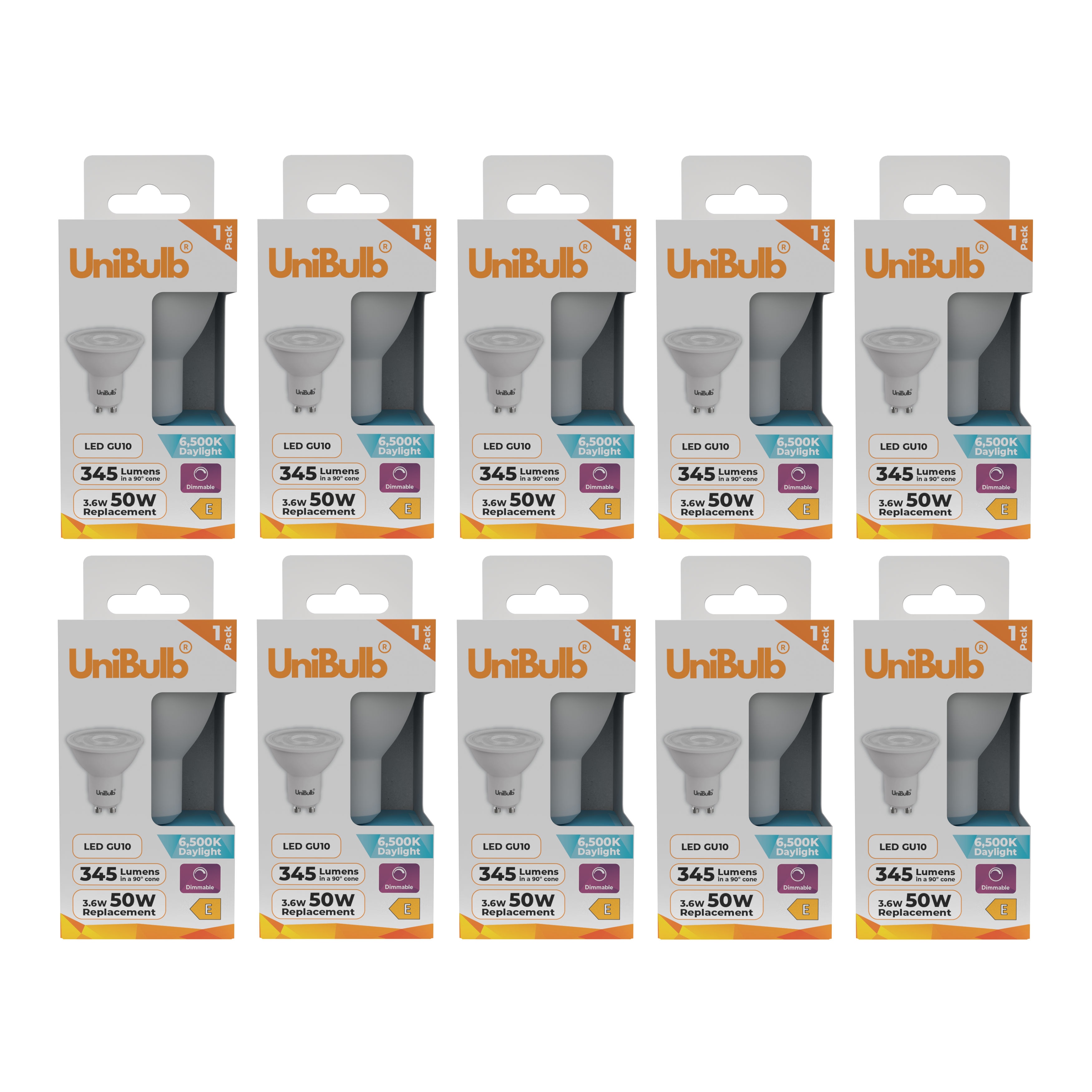 UniBulb LED GU10 345lm 3.6W (Replaces 50W) 6500K (Daylight) Spotlight Downlight Dimmable Light Bulb - Pack of 10