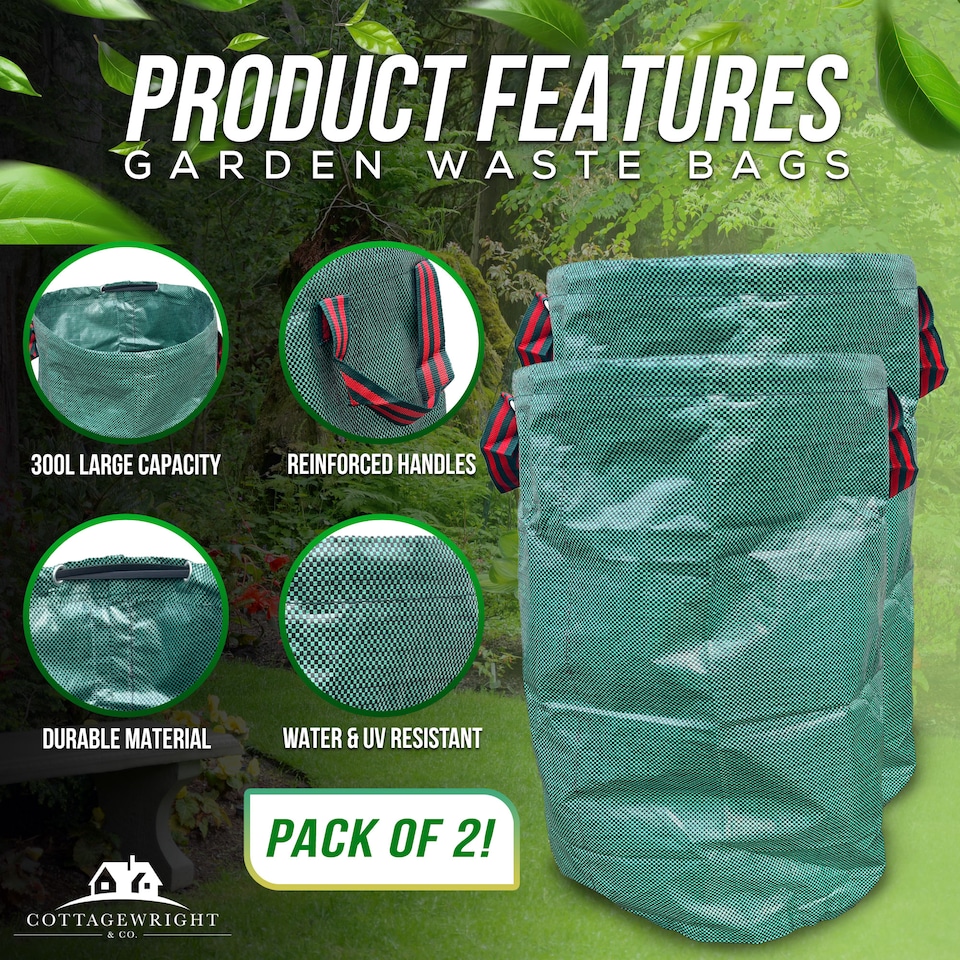 image 1 of Garden Bags Heavy Duty with Handles Reusable Garden Waste Bags for Plant, Grass, Dirt, Leaves Collection - Pack of 2