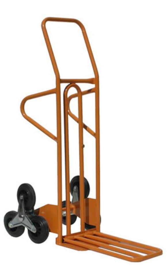 image 1 of Heavy Duty Stair Climber Sack Truck, Steel Yellow Frame, 3 Linked Wheels, Folding Toe Plate - 200kg Capacity | Orange