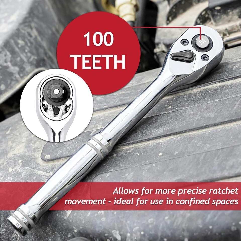 image 1 of SPARES2GO 3/8" Socket Ratchet Square Drive 100 Teeth Quick Release Reversible Chrome Vanadium Steel Tool