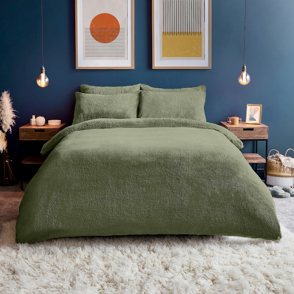 image 1 of Silentnight Teddy Fleece Duvet Cover and Pillowcase Set, Sage Green, Double
