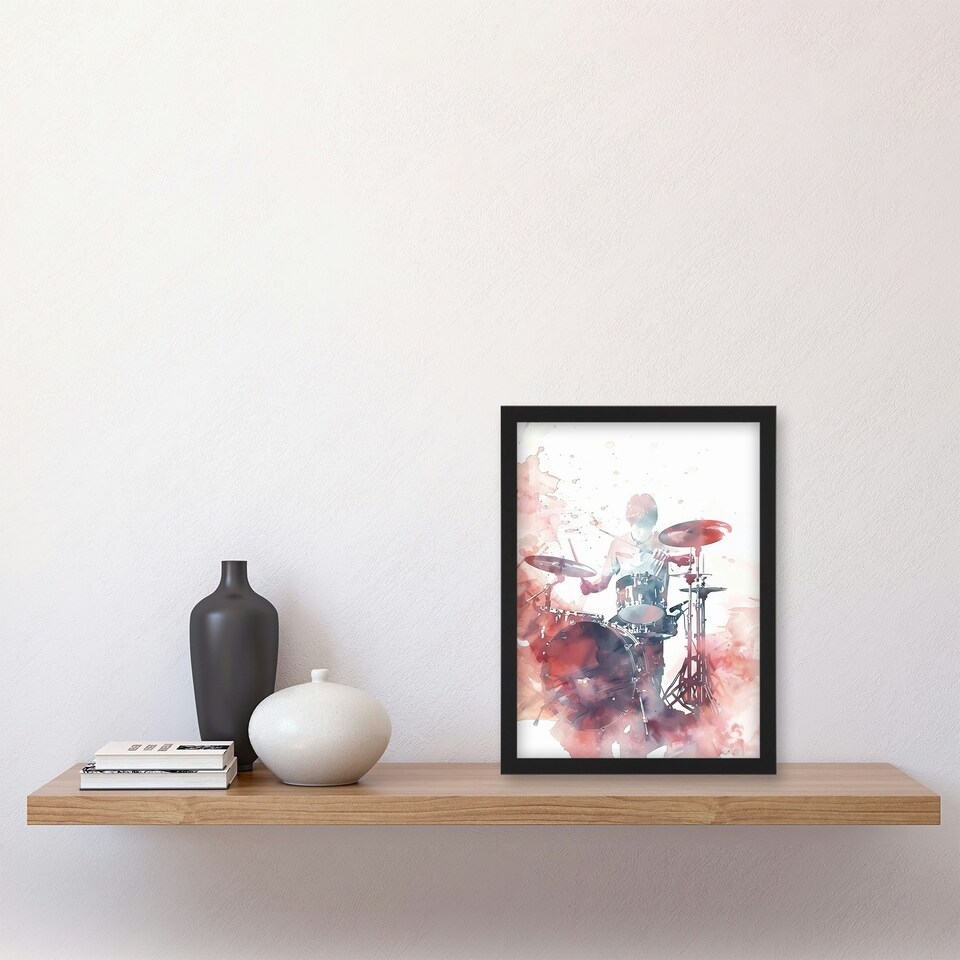 image 1 of Drummer Playing Drum Set Modern Watercolour Black Framed Wall Art Print A4