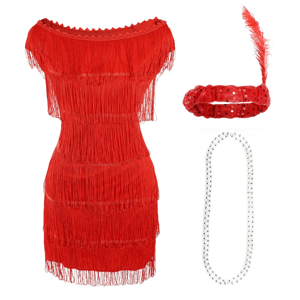 image 1 of Deluxe Red Flapper Costume with Matching Sequin Headband and Silver Pearl Necklace | Red | S