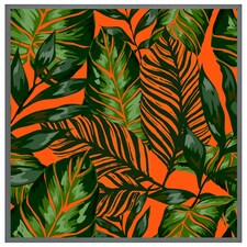 Green tropical leaves on orange (Picutre Frame) Grey | XL