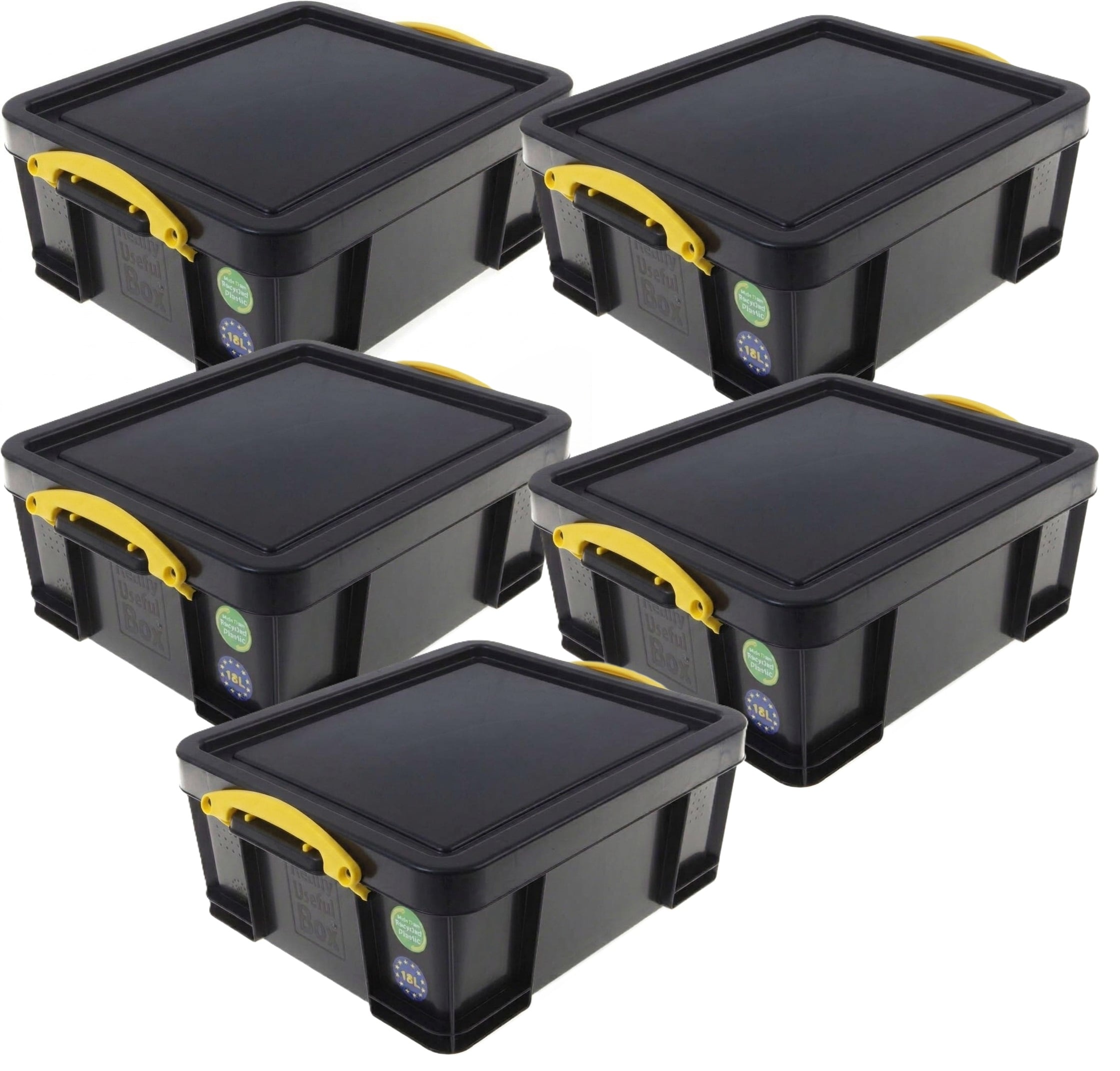 Really Useful Plastic Storage Box 18 Litre Black Yellow Handles Pack of 5