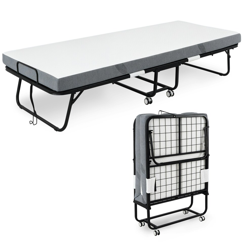image 1 of HOMCOM Folding Bed with 10cm Mattress, Portable Foldable Guest Bed with Wheels
