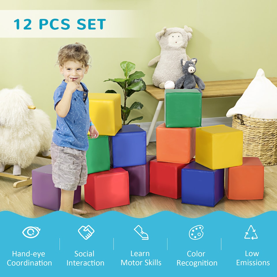 image 1 of HOMCOM 12 Piece Soft Play Blocks Soft Foam Toy Building Stacking Block for Kids