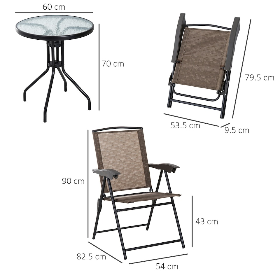 image 1 of Outsunny Patio Bistro Set Folding Chairs Garden Coffee Table for Balcony Brown