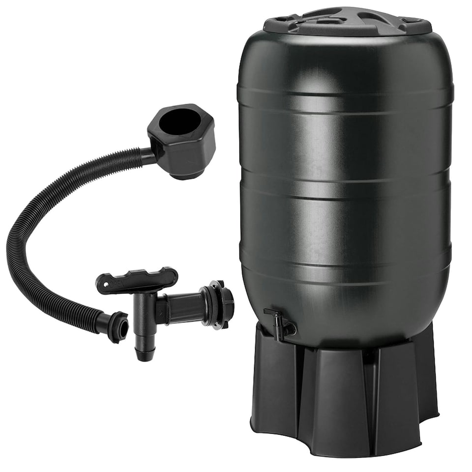 image 1 of 210 Litre Large Black Water Butt Rain Collector Complete With Stand, Filler, Tap & Lockable Lid