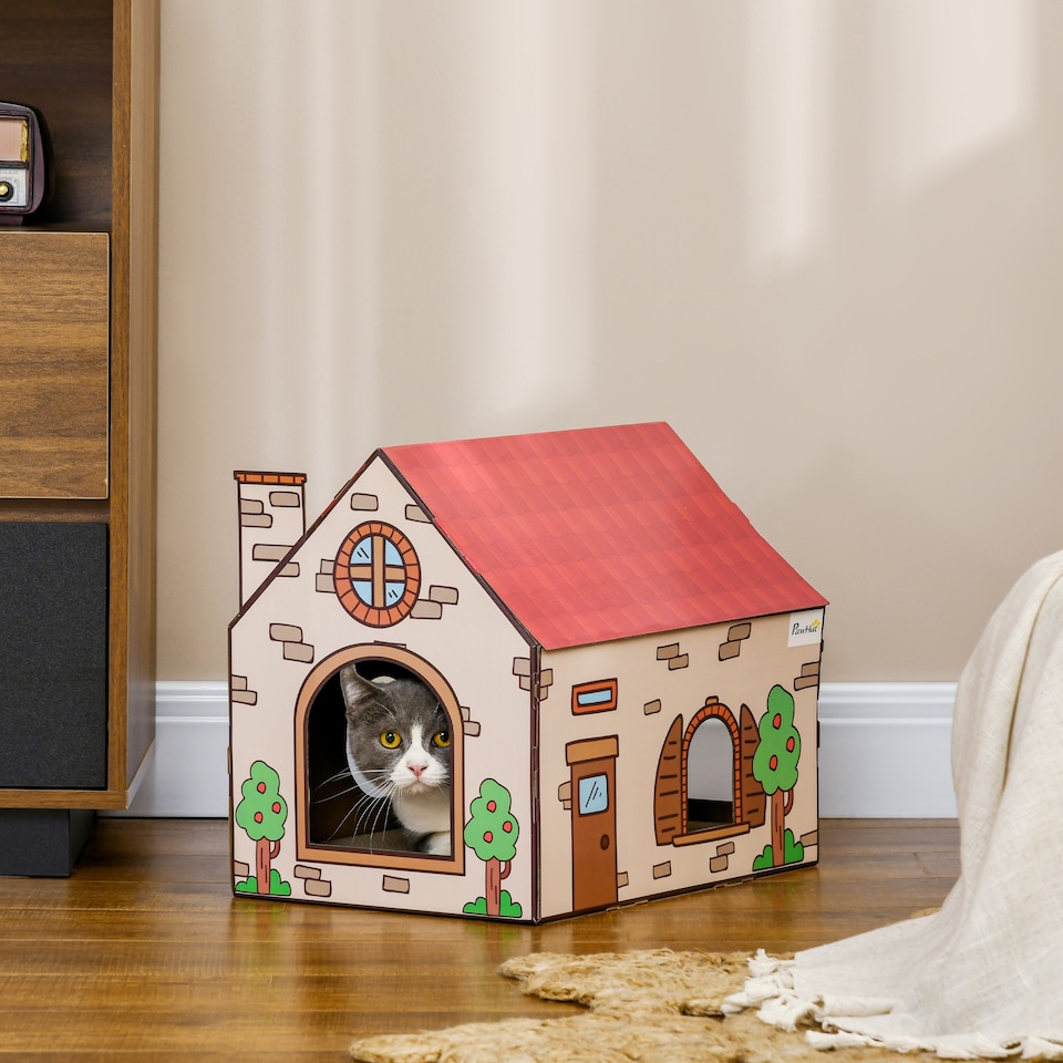image 1 of PawHut Cat House Scratcher, Recyclable Cardboard with Catnip, Red Roof