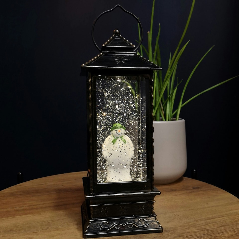 image 1 of 28cm Snowtime Dual Power LED Christmas Glitter Water Spinner Rustic Lantern The Snowman & The Snow dog™ Scene