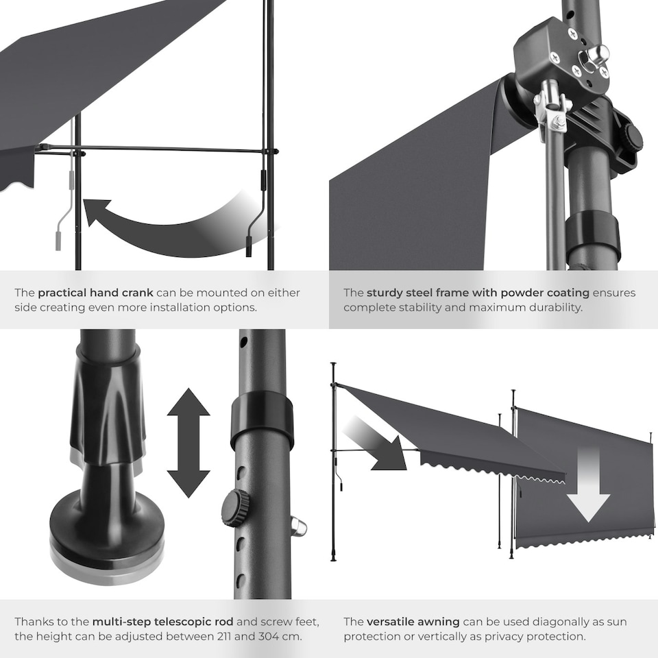 image 1 of Awning with hand crank - pressure fitted , height adjustable Black | Grey | 180 x 400 cm