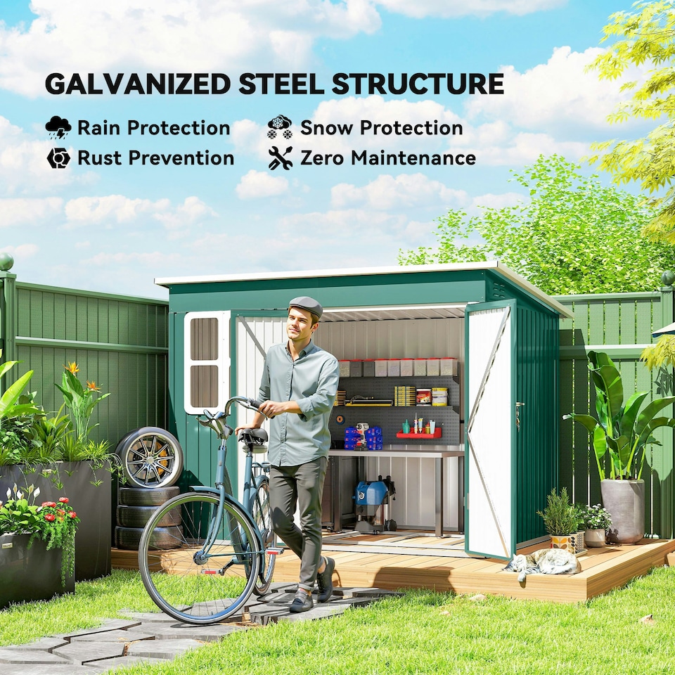 image 1 of Outsunny 8.5 x 6ft Galvanised Steel Garden Shed with Foundation Kit, Green 