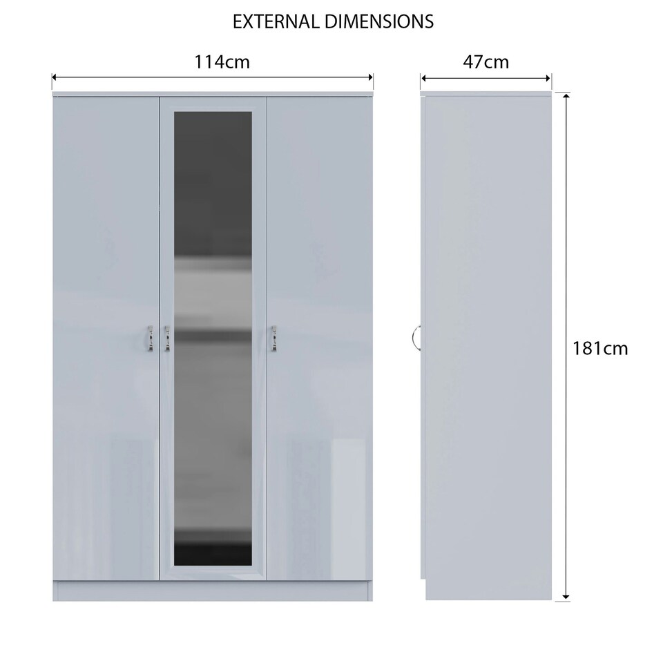 image 1 of FWStyle Chilton 3 Door Wardrobe With Mirror - Grey Gloss Front Grey