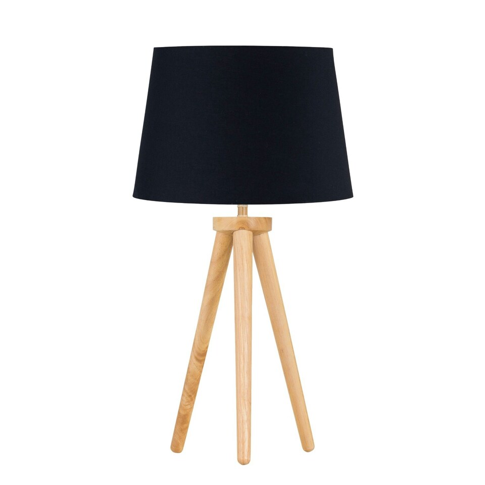 image 1 of Set of 2 Light Oak Table Lamp or Bedside Lights with Black Shades Brown | Black
