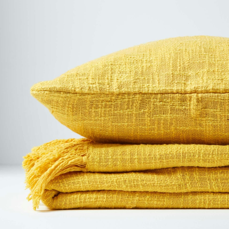 image 1 of Homescapes Nirvana Slub Cotton Ochre Yellow Throw - 255 x 360 cm | Yellow | 1