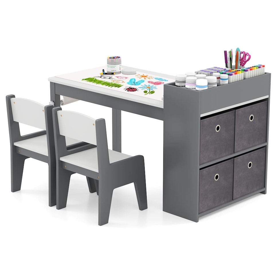 image 1 of COSTWAY Kids Art Table and Chairs Set with 2 Chairs Grey