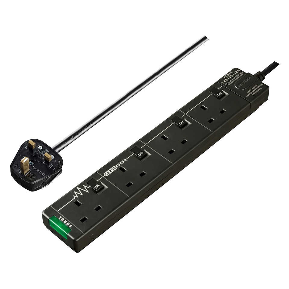 image 1 of Masterplug 4 Socket 2m Extension Lead Surge Switched & LED Black