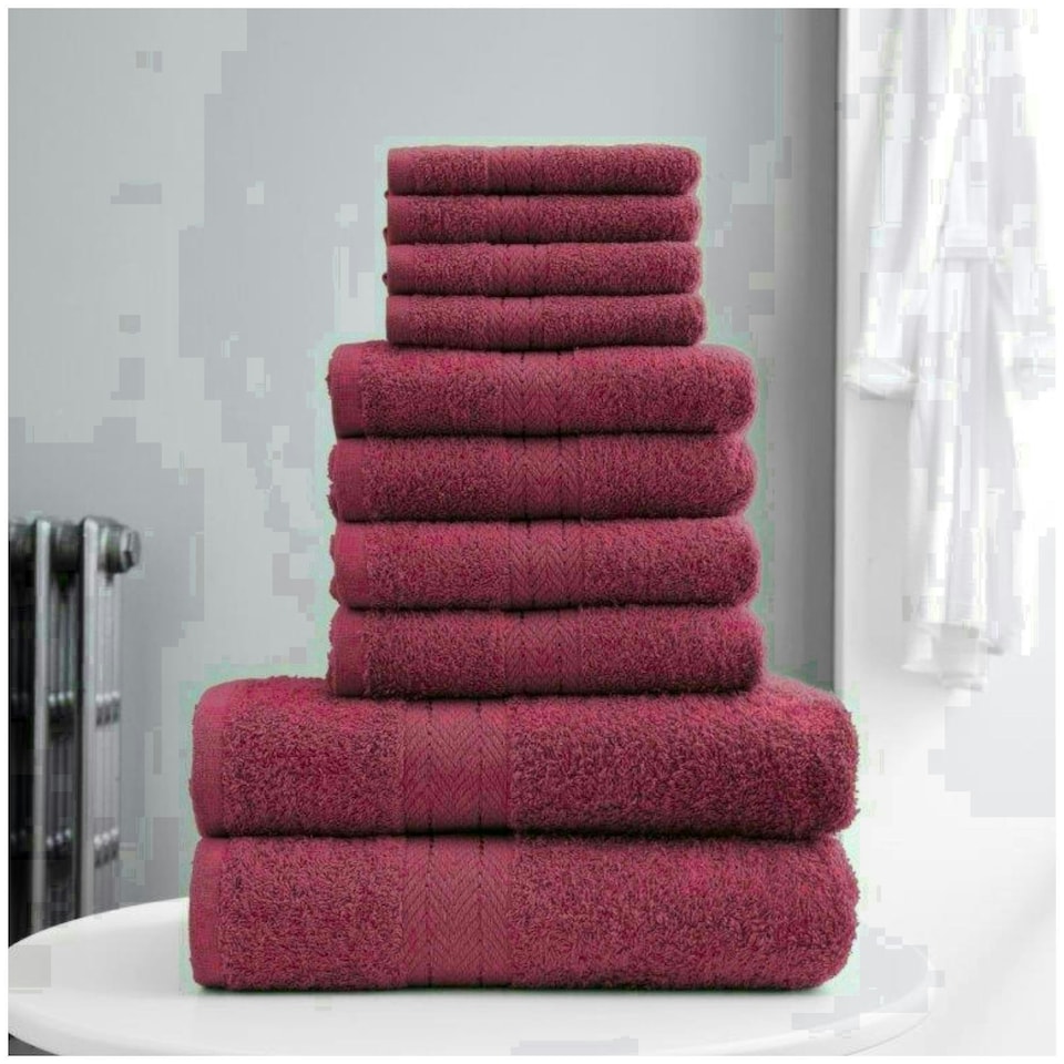 image 1 of VELVETIO 10 Piece Towel Bale Set Toronto Stripe Pattern - 100% Cotton, 450 GSM Red | Deep Red