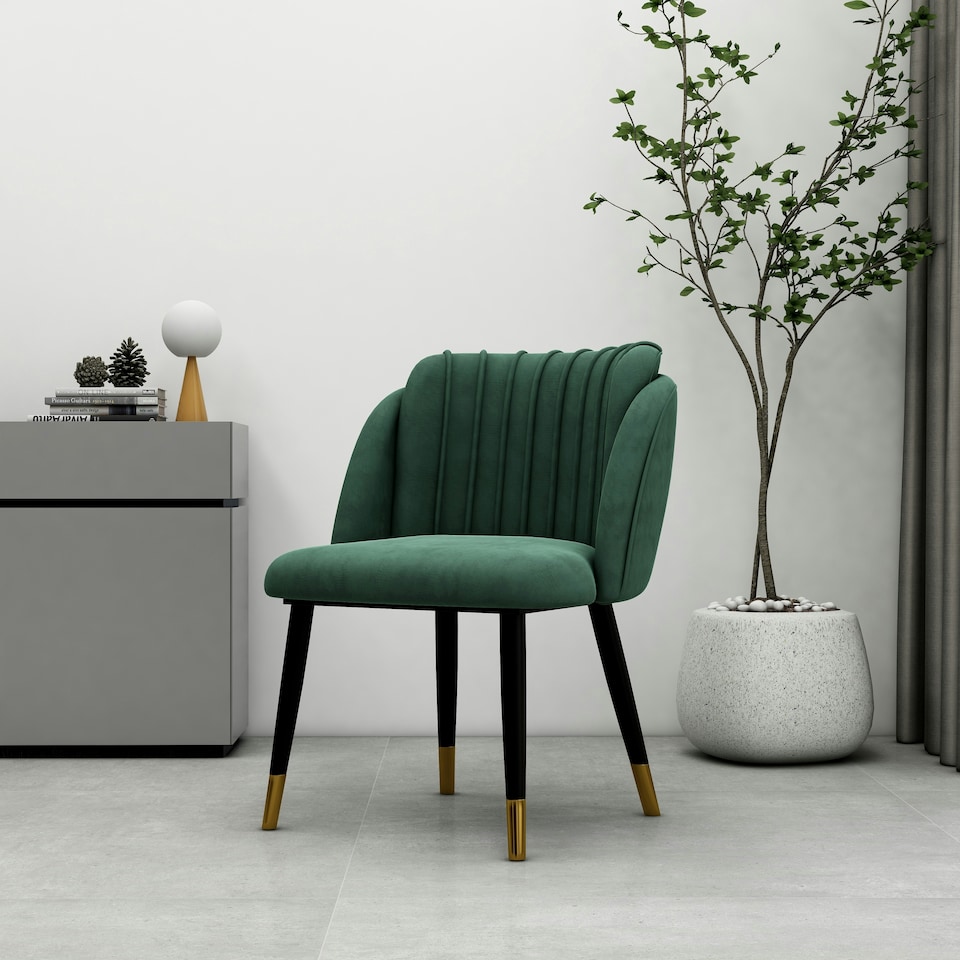 image 1 of Set of 4 Milano Velvet Dining Chairs with Stylish Ribbed Back Design, Black Metal Legs with Silver Tips | Green | Gold End Tips