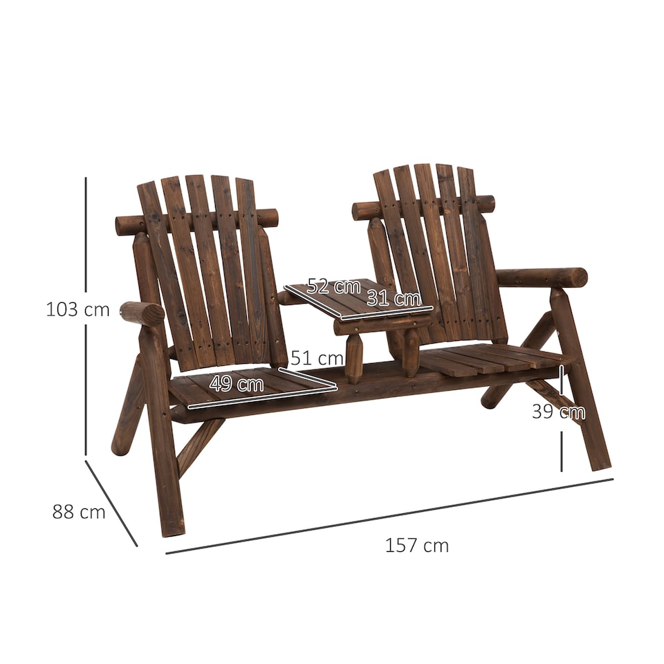 image 1 of Outsunny Wood Patio Bench 2 Seats w/ Centre Coffee Table, Carbonized | Brown | Carbonised finish