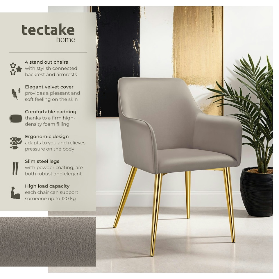image 1 of Dining Chair Avane - velvet look, padded armchair, high backrest and high armrests - Set of 4 Grey | Taupe