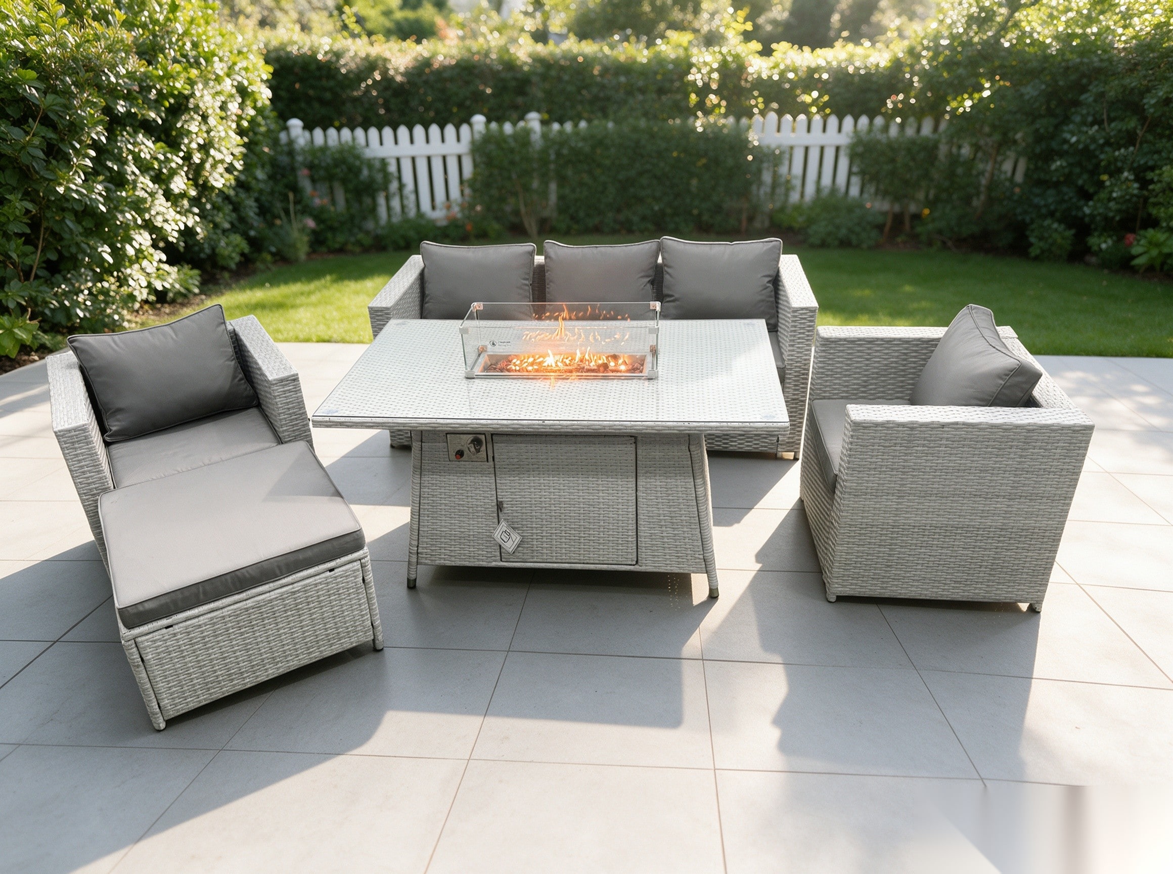 Fimous Light Grey Rattan Fire Pit Garden Furniture Set Gas Heater Burner Chairs With Big Footstool