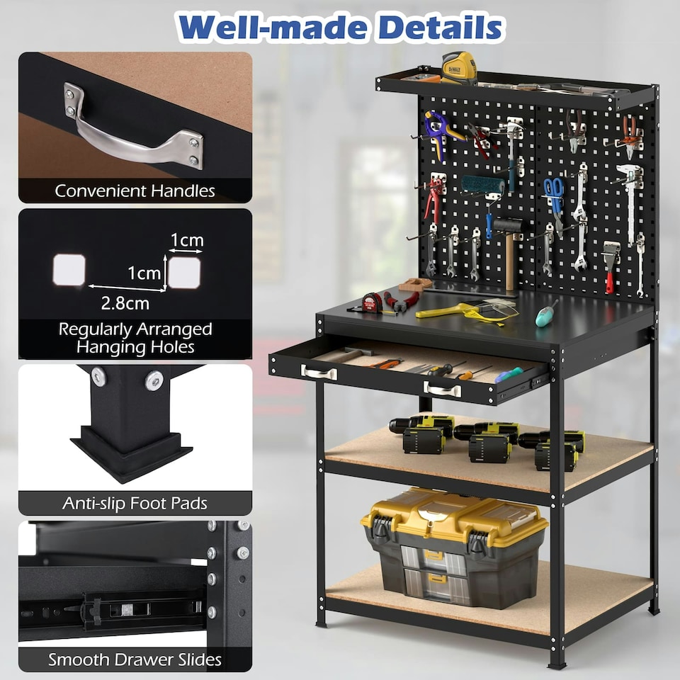 image 1 of COSTWAY Workbench 290KG Work Table w/2 PCS Pegboard-Black