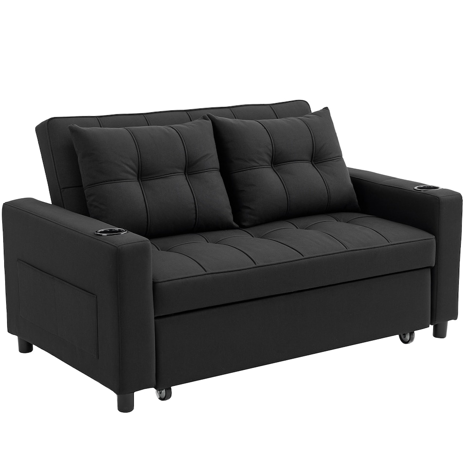 image 1 of HOMCOM 2 Seater Sofa Bed, Linen Click Clack Sleeper Sofa with Pull Out Design, 2 Pillows, Cup Holders, Side Pockets, Convertible Loveseat Bed Settee for Living Room, 157x190cm, Black