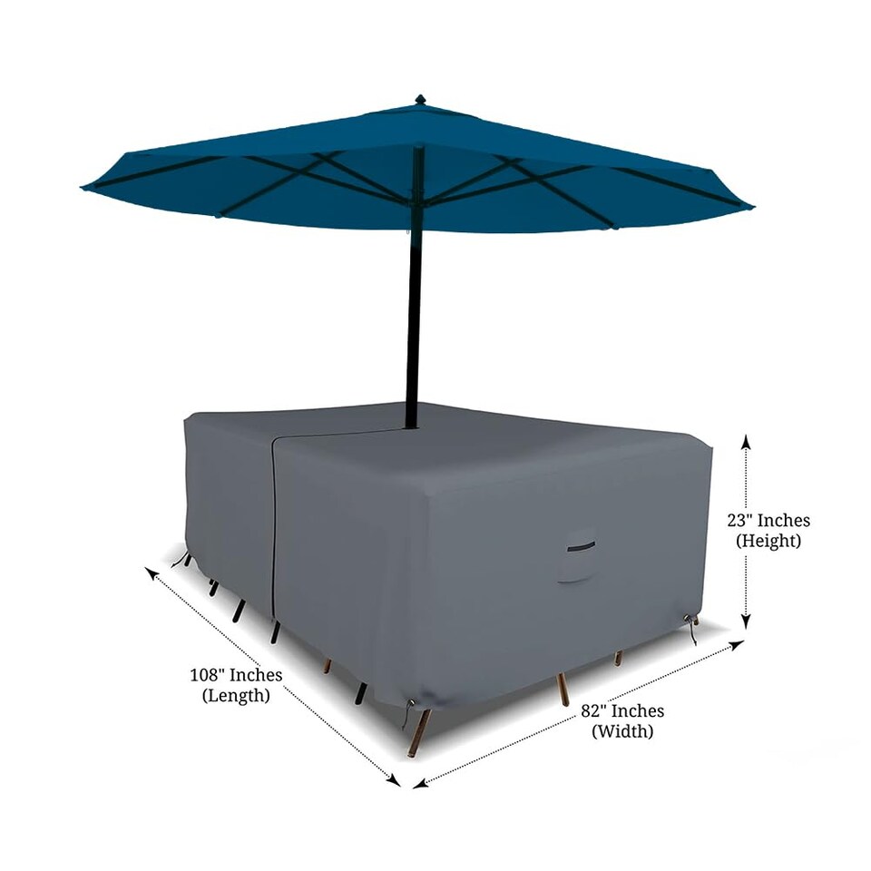 image 1 of Covers&All Rectangle Table & Chair Set Cover, Umbrella Hole, 12 Oz Waterproof UV & Weather Resistant, 108 in L x 82 in W x 23 in H, Gray