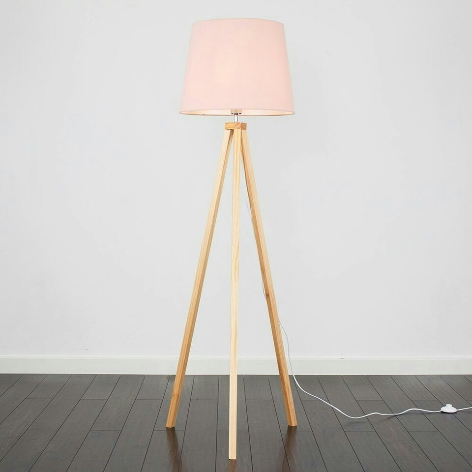 image 1 of ValueLights Modern Light Wood Tripod Design Floor Lamp With Pink Shade