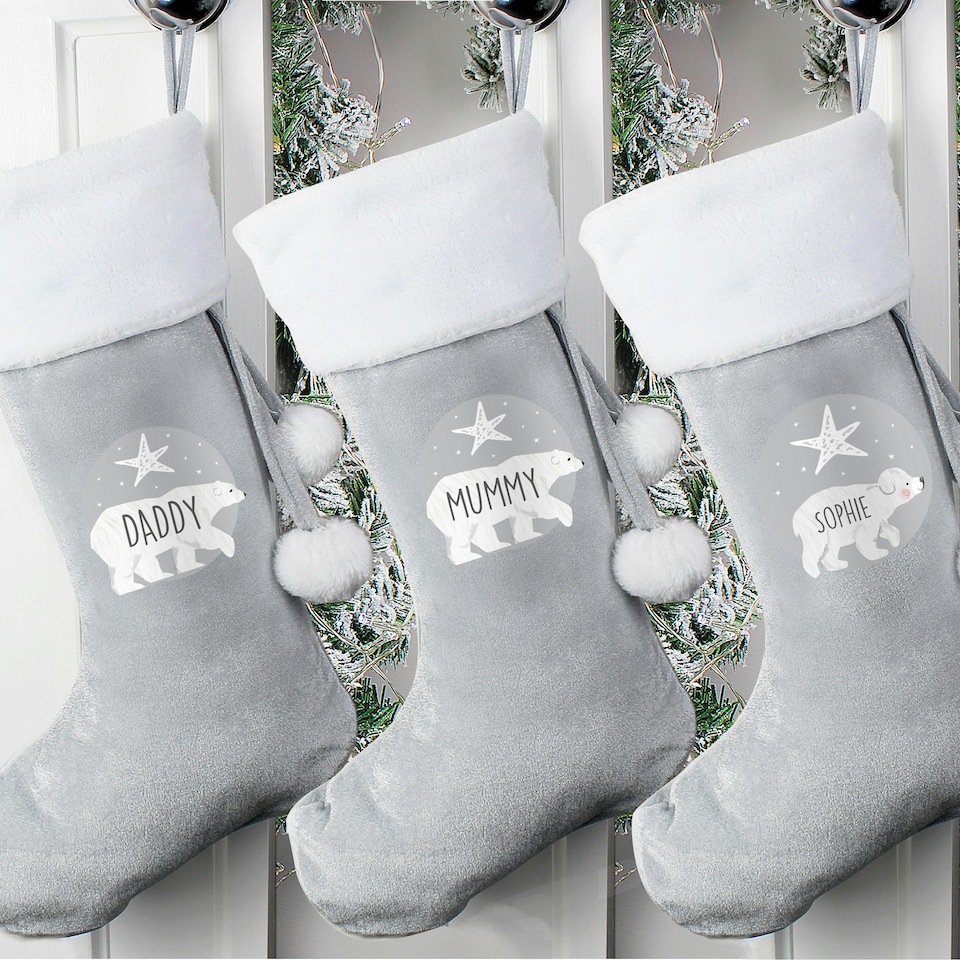 image 1 of Personalised Polar Bear Luxury Silver Grey Stocking