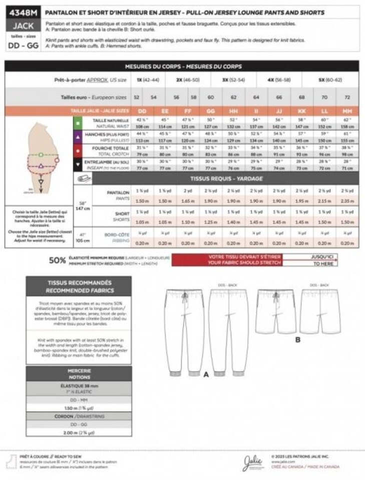 image 1 of Jalie 4348 Jack Pull On Lounge Pants & Shorts Paper Sewing Pattern – Children’s, Teenagers’ & Men’s Trousers & Shorts, 28 Sizes, Easy