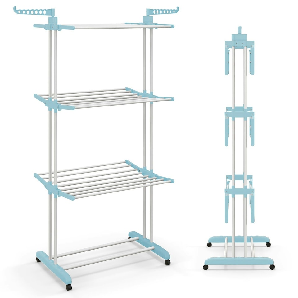 image 1 of COSTWAY 4-Tier Collapsible Laundry Rack Foldable Drying Rack Blue