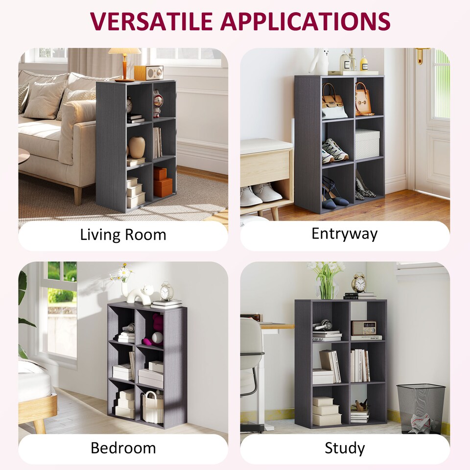 image 1 of HOMCOM 6-Cube Bookshelf, Modern Freestanding 3-Tier Bookcase, Display Shelving Unit for Living Room, Bedroom, Home Office, Study, Grey