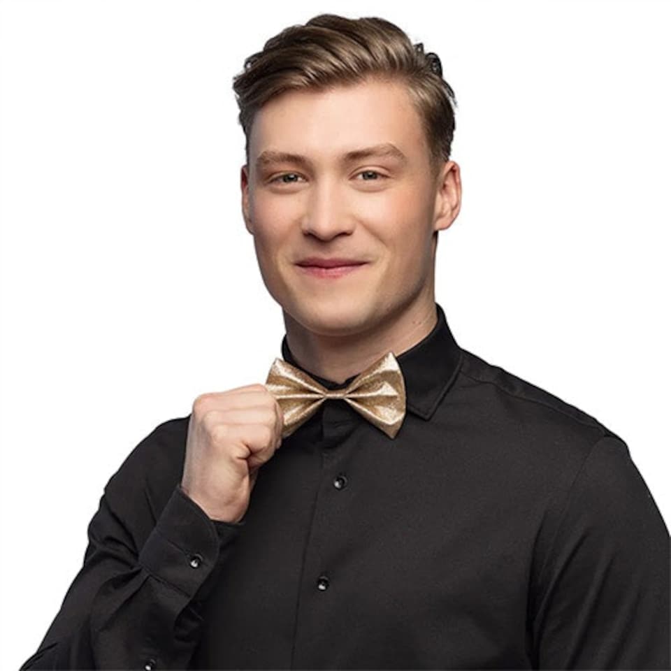 image 1 of Gold Glitter Bow Tie with Black Elastic Strap Fancy Dress