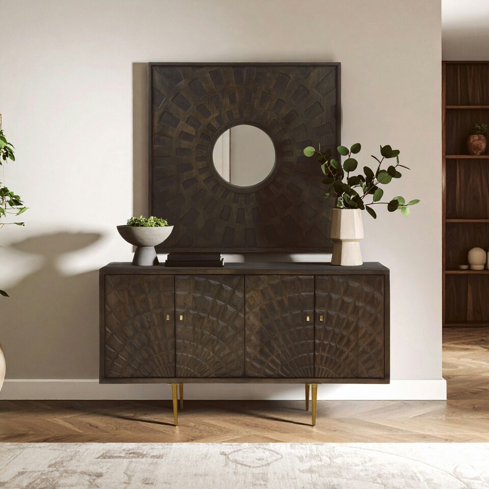 image 1 of "Interiors by Premier Boho Carved Mango Wood Wall Mirror, Eco-Friendly Square Mirror With Weathered Finish, Wooden Mirror " Brown