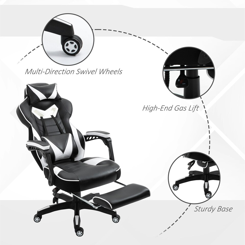 image 1 of Vinsetto Gaming Chair Ergonomic Reclining Manual Footrest Wheels Stylish White