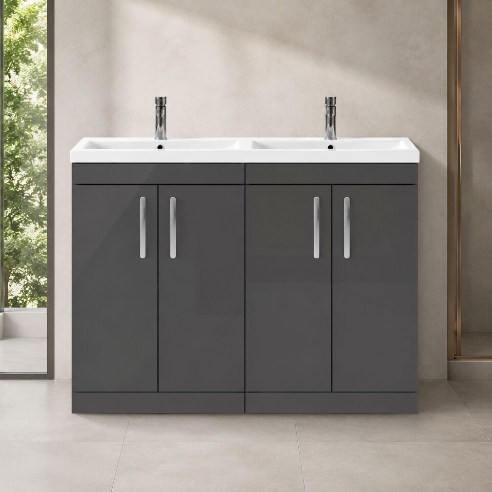 image 1 of Balterley Millwich Contemporary 4 Door Floor Standing Vanity Unit with Basin, Gloss Grey, 1200mm