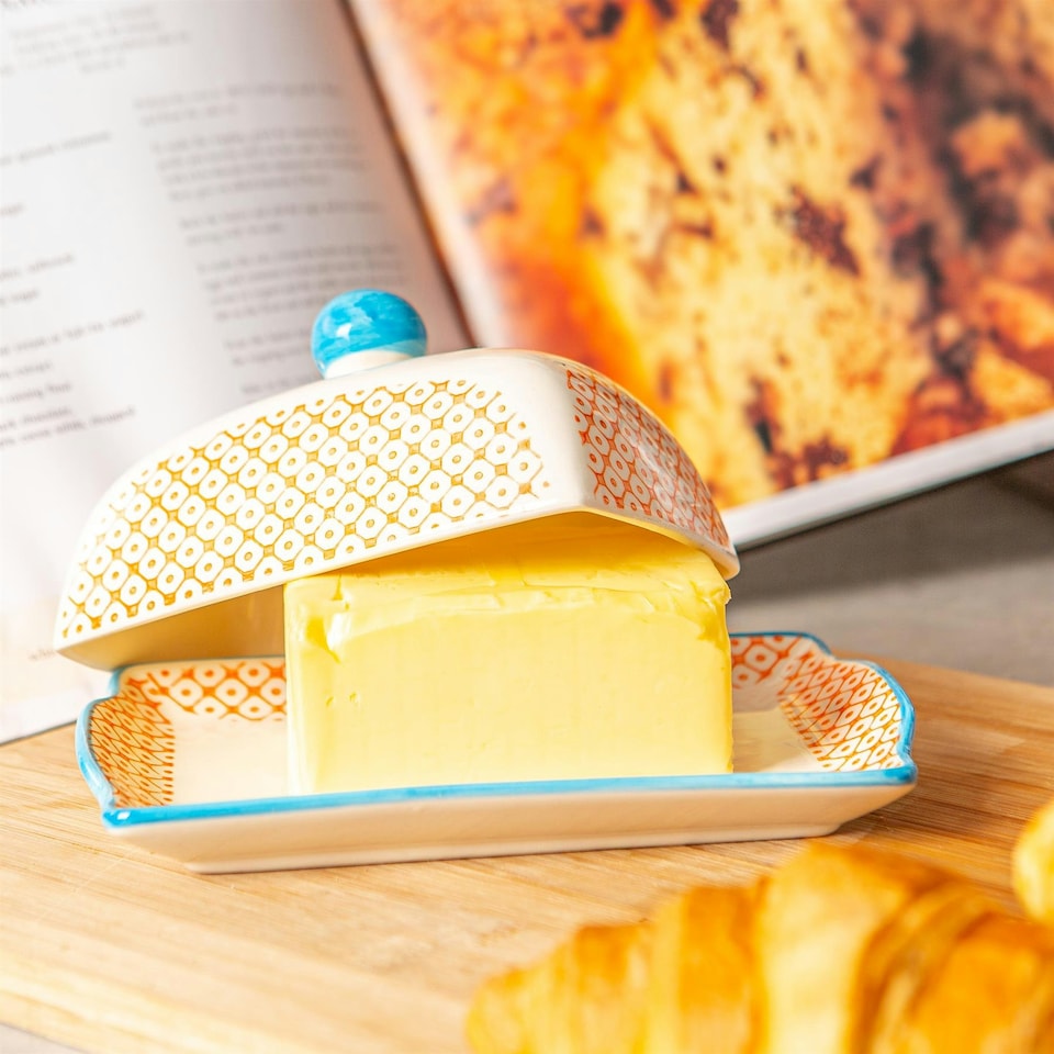 image 1 of Nicola Spring Hand-Printed Butter Dish - 18.5 x 12cm - Orange