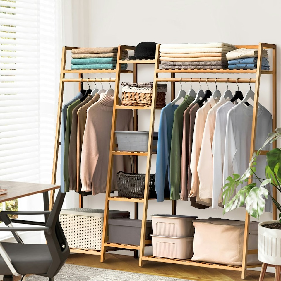 image 1 of Living and Home Trapezoid Bamboo Garment Rack with Tiered Storage Shelves | Brown