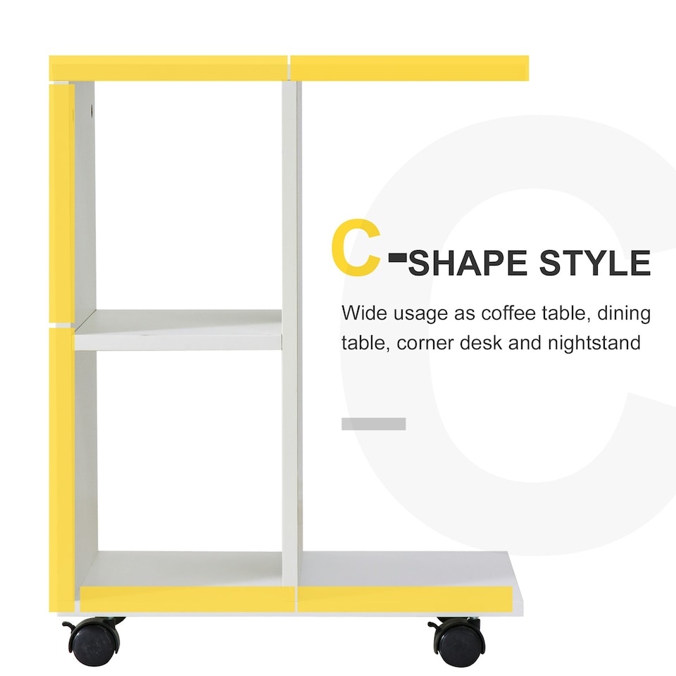 image 1 of C-Shape End Table Unique Storage Unit w/ 2 Shelves 4 Wheels Home Office White