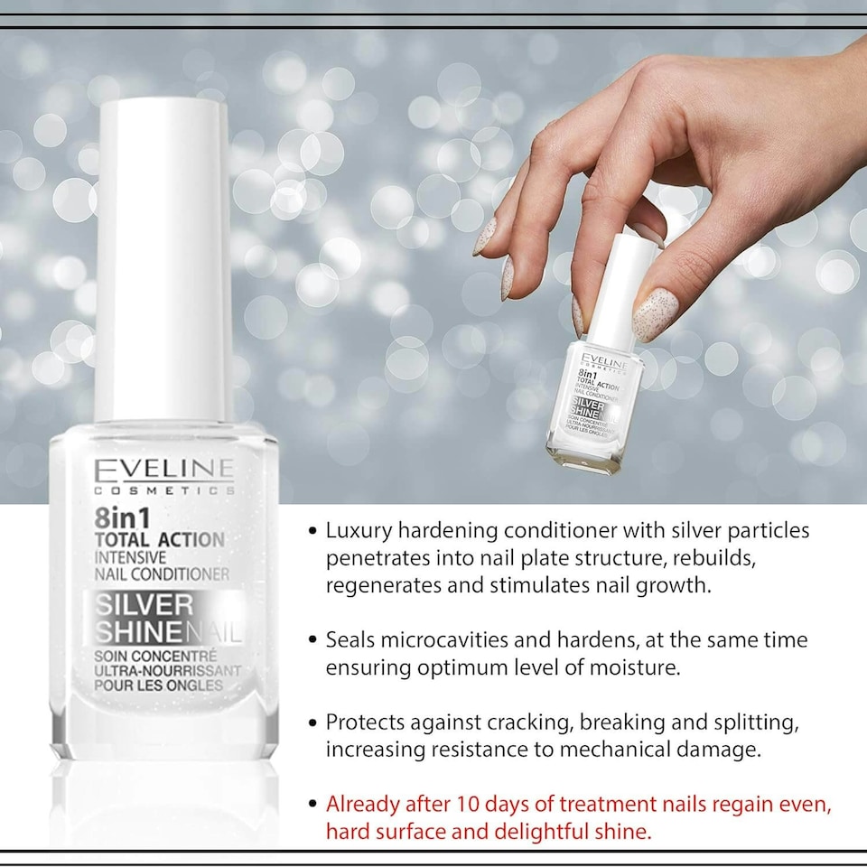 image 1 of Eveline Nail Therapy Total Action Concentrated Nail Conditioner with Silver Particles 8in1 Silver Shine 12ml