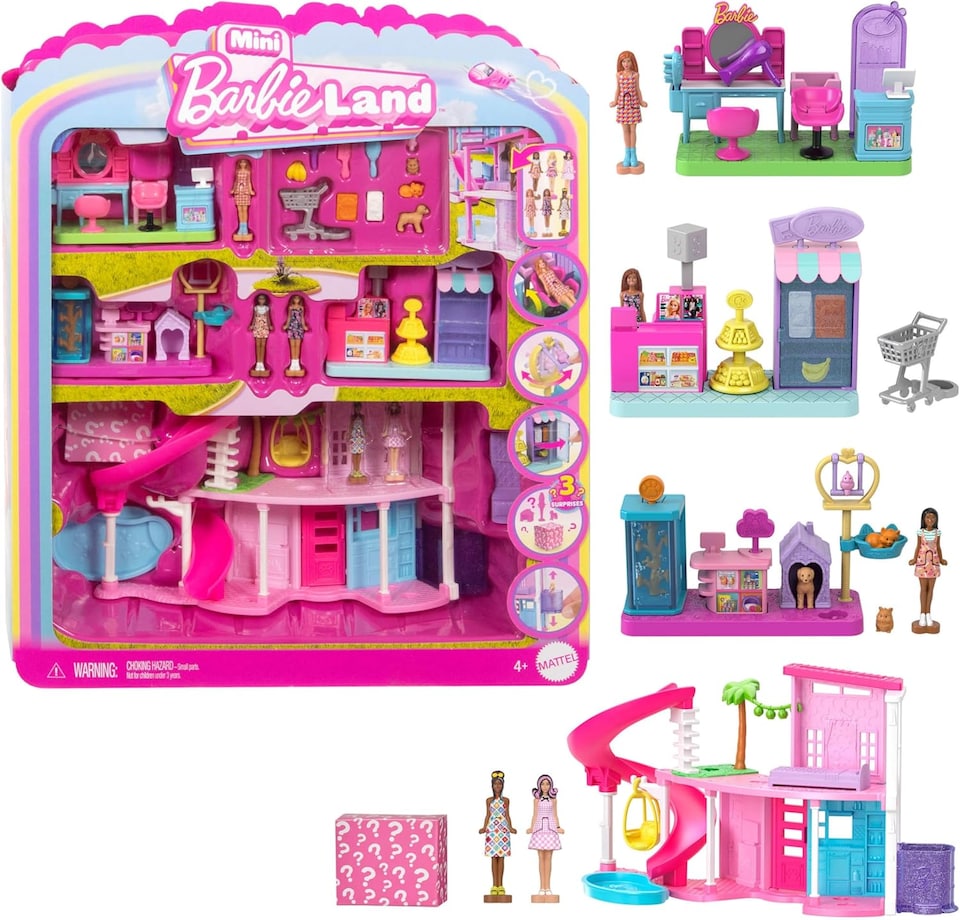image 1 of Barbie Mini Barbie Land DreamHouse & 3 Playsets with 4 1.5-Inch Dolls, Doll House Furniture & Accessories, Includes Pet Boutique, Hair Salon, & SuperMarket, JGL31