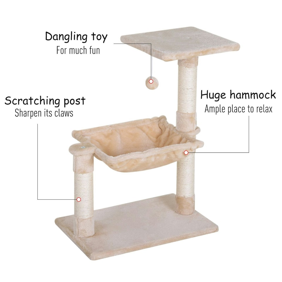 image 1 of PawHut Cat Tree Scratch Post with Bed Hammock Sisal for Indoor Cats Beige