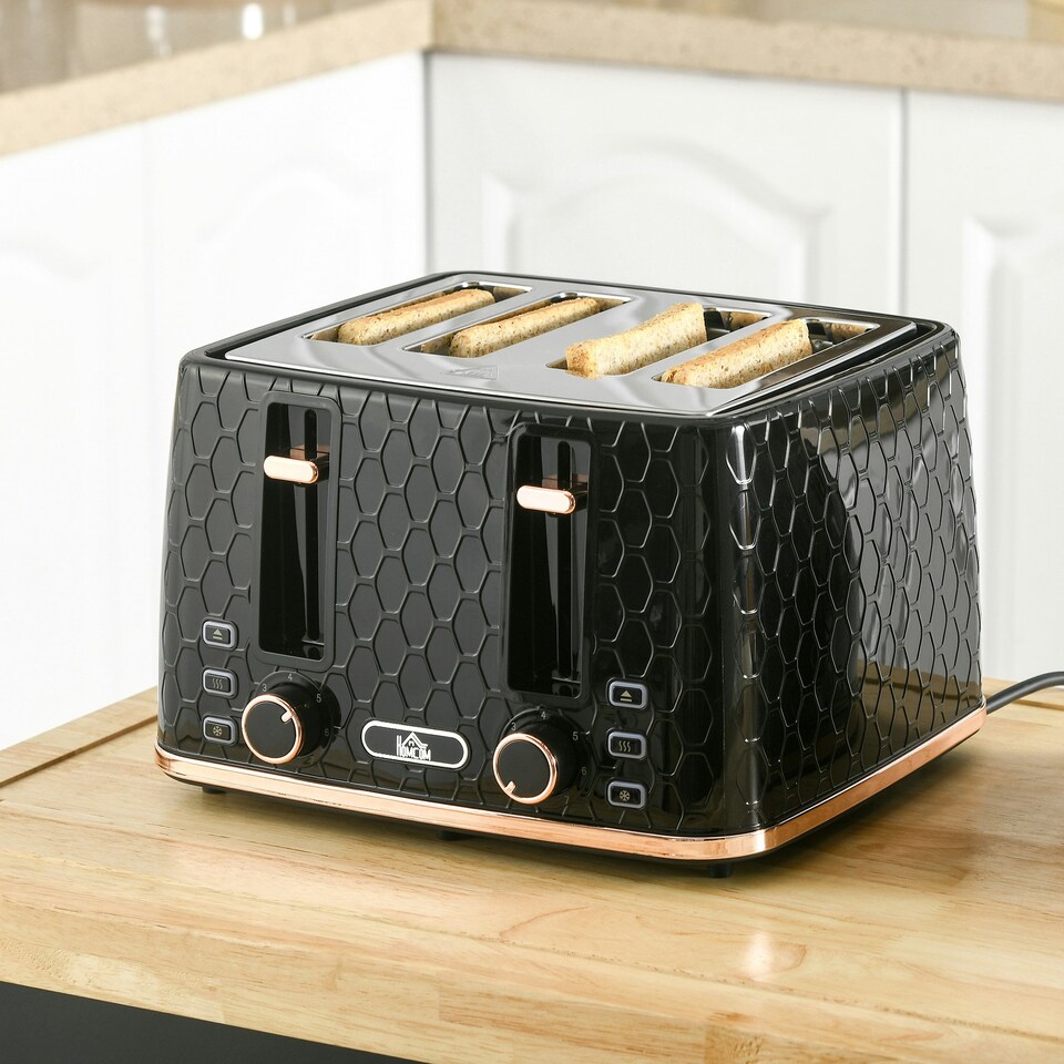 image 1 of HOMCOM Toaster with 4 Slot, 7 Browning Levels, 1600W, Black Honeycomb Black