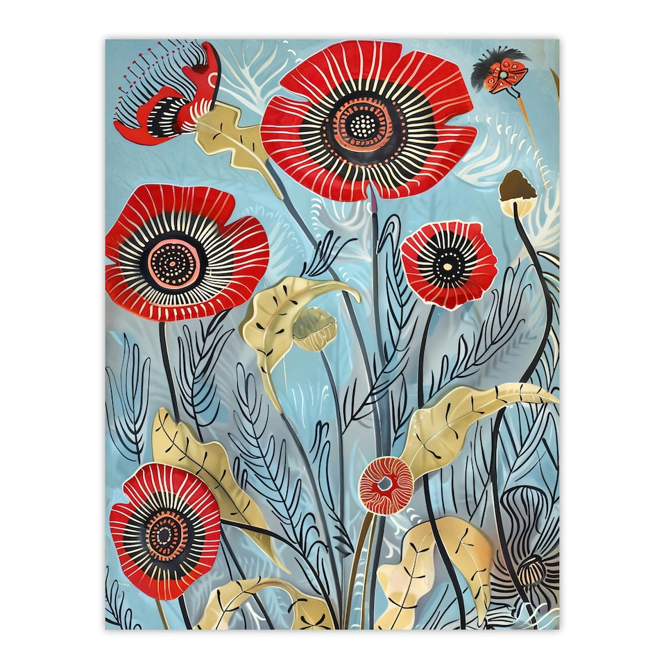 image 1 of Poppy Flowers Modern Folk Art Quirky Living Room Black Framed Wall Art Print A4